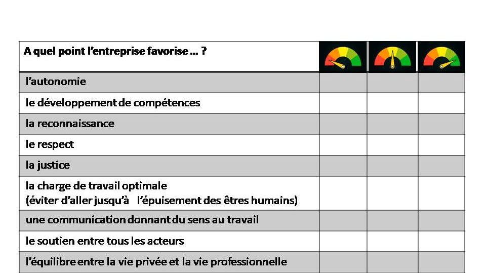 A quel point l'entreprise favorise :
l’autonomie 
 le développement de compétences 
 la reconnaissance 
 le respect 
 la justice 
 la charge de travail optimale 
 (éviter d’aller jusqu’à   l’épuisement des êtres humains) 
 une communication donnant du sens au travail 
 le soutien entre tous les acteurs 
 l’équilibre entre la vie privée et la vie professionnelle ?

