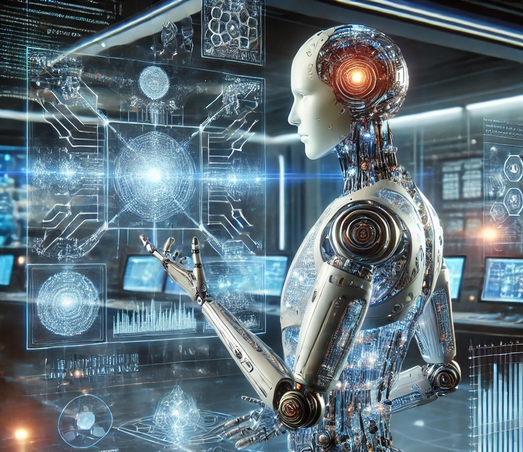 Voici une représentation futuriste de l'intelligence artificielle, généré dans chat-GPT grâce à DALL-E. Elle met en scène un robot humanoïde interagissant avec des interfaces holographiques dans un laboratoire high-tech.